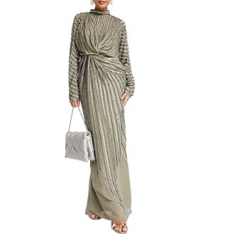 Asos Embellished Long Sleeve Gown in Grey/Medium Blue at Nordstrom Rack, Size 8 Us / 12 Uk