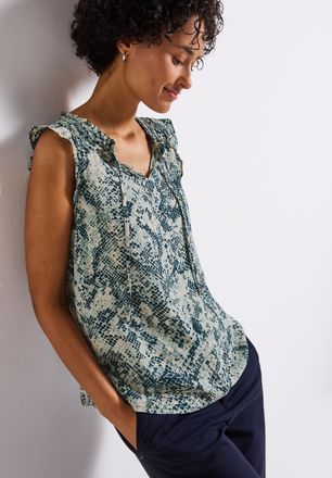 Street One Blusentop STREET ONE, Damen, Gr. 38, blau (arona blau), Web, Obermaterial: 100% Viskose, bedruckt, normal, Rundhals, Blusen Blusentop, Print mit R&uuml;sch