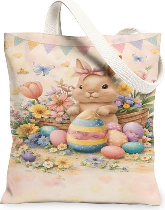 Generic Spring Floral Canvas Tote Bags, Cute Bunny Easter Design Reusable Shopping Bags, Lightweight Washable Shoulder Strap Canvas, Pastel, 13x15 Inch
