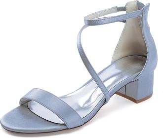 Generic Low Heels Satin Bridal Shoes Womens Block Heels Wedding Shoes Open Toe Ankle Strap Heels Sandals 4.5Cm,Silver,10 UK