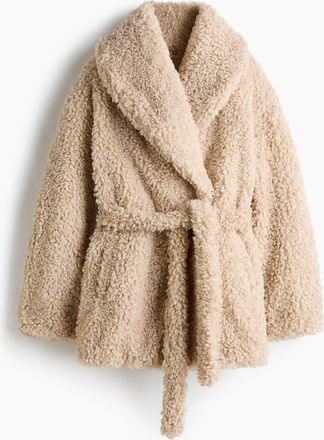 H&M Teddyfleece-Mantel mit Bindegürtel - Beige