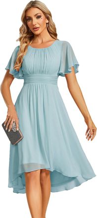 Ever-pretty Womens Chiffon Crew Neck Evening Dress Pleated Short Sleeve Knee-Length Wedding Guest Dresses Sky Blue 18
