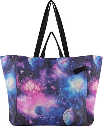 Generic Planet Stars Purple print Reusable Canvas Tote Bag, Heavy Duty Grocery Shopping Bag with Large Capacity Hard Bottom Double Handles Work Groceries Trav