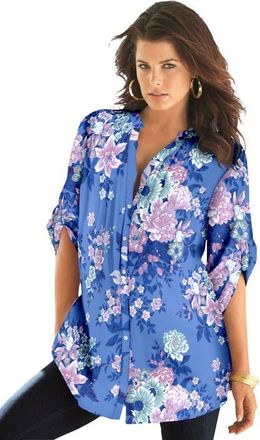 Roaman's Pintuck Tunic Blouse Y-Neck & Roll-Tab Sleeves in Horizon Blue Floral at Nordstrom, Size 20