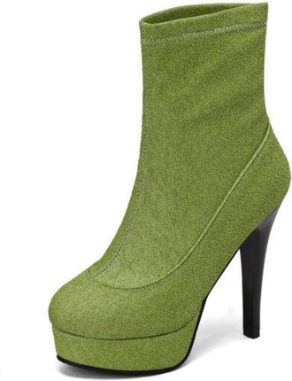 Generic Womens Round Toe Glitter Short Boots Stiletto High Heel Chelsea Boot Platform Ankle Boots with Side Zipper,Green,10.5 UK