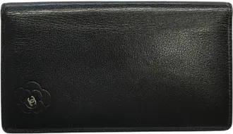 Chanel Camellia Black Leather Long Wallet (Bi-Fold) (Pre-Owned)