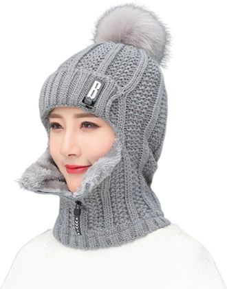Generic Winter Siamese Windproof Hat, 3 in 1 Winter Knitted Beanie Hat, Women Windproof Warm Siamese Scarf Knitted Hat (UK, Alpha, One Size, Grey)