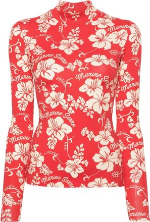 Marine Serre botanical-print high-neck T-shirt - women - Recycled Elastane/Recycled Polyamide - L - Red