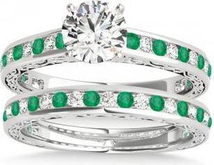 Allurez Emerald & Diamond Twisted Bridal Set 14k White Gold (0.87ct)