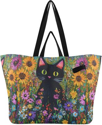 Generic Black Flower Cat pattern Reusable Canvas Tote Bag, Heavy Duty Grocery Shopping Bag with Large Capacity Double Handles Hard Bottom Work Groceries Trave