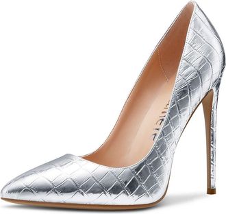 Castamere Womens Fashion High Heels Pointed Toe Pumps Slip-on Stilettos 4.7IN Heel Shoes Silver Crocodile Pumps UK 5.5/6