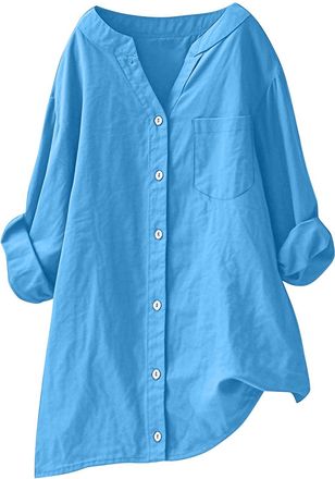 Generic Long Sleeve Shirts for Women Casual Button Up V-Neck Blouses with Front Pocket Lightweight Summer Fall Tunic Tops Ladies Longline Blouse Plus Size Pla