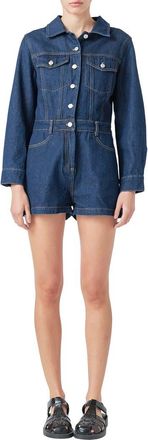 Grey Lab Long Sleeve Denim Romper in Navy at Nordstrom, Size X-Small
