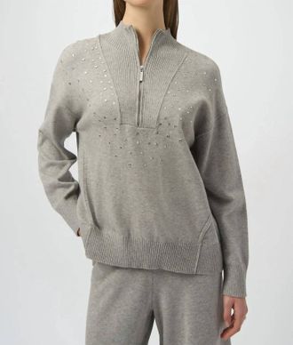 Joseph Ribkoff Embellished Zipped Mock Neck Pullover Sweater In Grey Melange