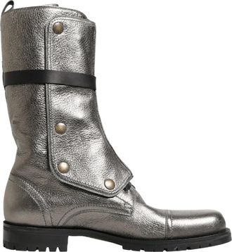 Dolce & Gabbana Metallic Leather Buckle Combat Boots - Heren - Hoge Laarzen - Grijs - 45 EU - Leer - Schoenen