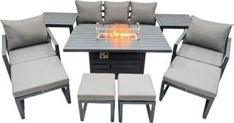 Fimous Fimous 9 Seat Outdoor Garden Furniture Set Aluminium Lounge 3 Seat Sofa Gas Fire Pit Table Sets with Chair 4 Stools 2 Side Tables Dark Grey