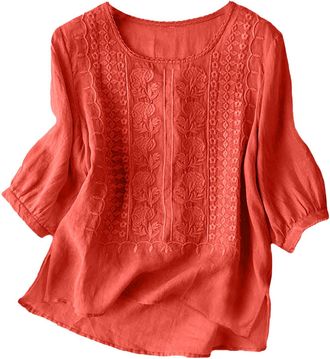 Generic Linen Shirt Women Embroidery Linen Tunic Tops Retro Jacquard Short Sleeve Boho Blouse Wear Blouse for Vacation Office Tops Loose Fit 3/4 Sleeve Shirts