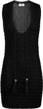 Elisabetta Franchi Kleedjes, Dames, Zwart, 2Xl, Linnen, Mini-jurk van gebreide stof met kwastjes