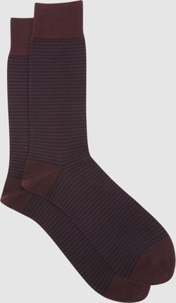 Reiss Mario Mens Red Cotton Bordeaux Stripe Striped Socks, Size: M & L, Brown & navy