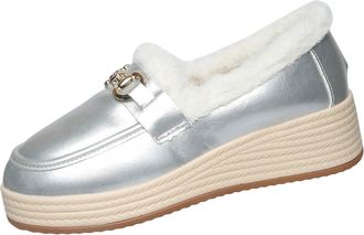 Generic Silver Female Metallic Loafers with Fleece Lining for Winter Warm and Comfortable for Casual Wear