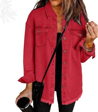 Generic Expectatioin Womens Casual Denim Button down Distressed Jacket, Oversized Button up Frayed Hem Shacket Boyfriend Jean Jacket (Red,L)