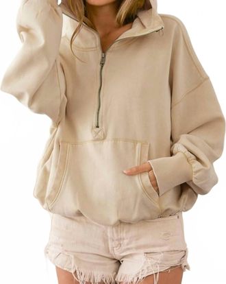 Bibi Stitch Detailed Elastic Hem Half Zip Hoodie In Oatmeal