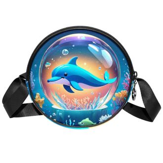 Generic Circle Crossbody Bag for Women, Dolphin Crystal Ball Small Sling Bag Daypack with Zipper Adjustable Shoulder Straps Casual Ladies Girls Round Purse