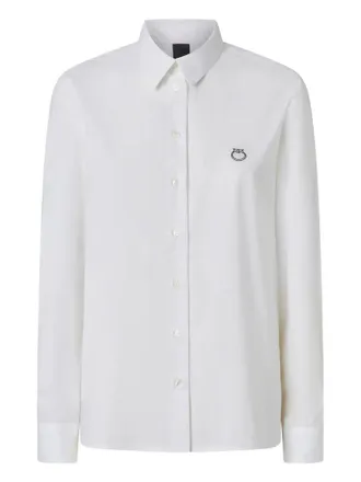 Pinko White Caffe Embroidered Logo Pleated Cotton Long-Sleeve Shirt