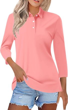 Generic Polo Shirts for Women UK 3/4 Sleeve Ladies Golf Tops Lightweight Cotton V Neck Collared Business Casual Blouse Pockets Tennis Gym Workout T Shirt Athl