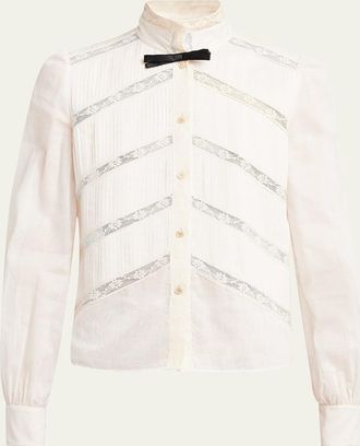 Valentino Garavani Lace-Inset Pintuck Cotton Blouse