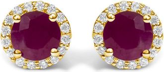 House of Brilliance 10K Yellow Gold Red Ruby and 1/6 Cttw Diamond Halo Stud Earring