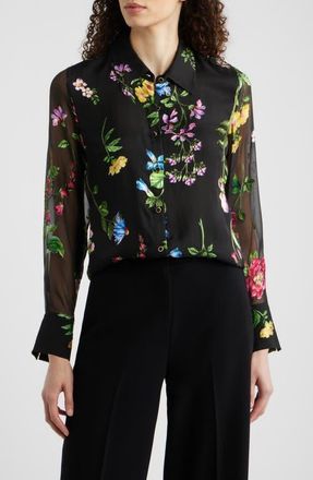 Elie Tahari The Janice Print Silk Blend Shirt in Denim Garden Burnout at Nordstrom, Size Medium
