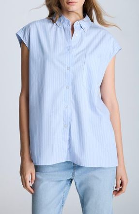 Kenneth Cole Oversize Stripe Cap Sleeve Button-Down Shirt in Shadow Blue/Pure White at Nordstrom, Size X-Small