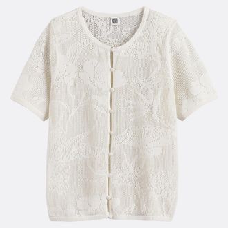 La Redoute Collections Kort vest, ronde hals, in fijn opengewerkt tricot met knoopsluiting