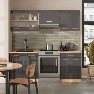 Vicco Mueble De Cocina R-line, Antracita Brillo Intenso/roble Dorado El&eacute;ctrico, 200 Cm, Et Antracita