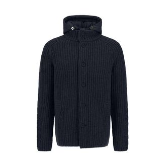 Herno Wollen gebreid vest met inzetstuk en capuchon - Heren - Truien - Blauw - Maat: XL Wol