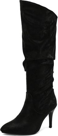 Generic Womens Stiletto High Heel Pumps Pointed Toe Wide Calf Pull On Slouch Knee High Boots Wedding Party Dress Shoes (Black,5.5)