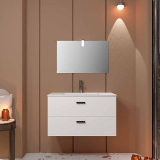 Aurlane Mueble De Ba&ntilde;o 80 Cm 2 Cajones Bianco - Lavabo Blanco, Espejo Y Aplique Led - Box Led