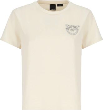 Pinko T-Shirts, female, Beige, Size: S Ivory Cotton T-shirt with Strass Logo