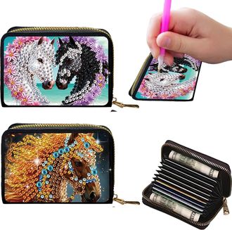 Generic 2Pcs Crdit card Holder Diamond Art Painting PU Wallet ID crd Case Zipper Animal Pattern Fashion DIY Diamond Painting Art Kit Compact Cin Purse Credit 