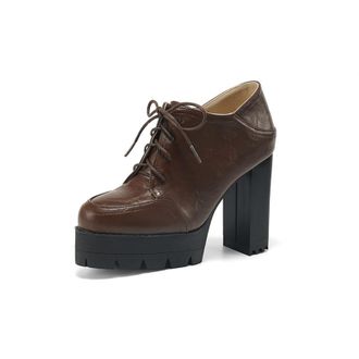 Generic Womens High Heeled Platform Pumps Lace Up Office Dress Shoes Round Toe PU Leather Casual Shoes,Brown,4.5 UK