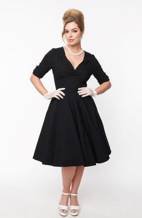 Unique Vintage Half Sleeve Surplice Delores Swing Dress in Black at Nordstrom, Size X-Small