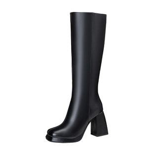 Generic Women Knee High Metallic PU Leather Square Toe Fashion Boots Block Heels Side Zip Glossy Solid Color Comfortable Durable,Black,3.5 UK