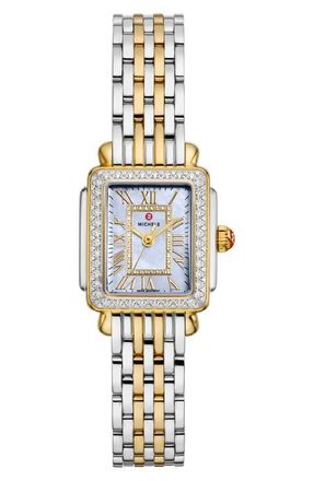 Michele Deco Madison Mini Diamond & Mother-of-Pearl Two-Tone Bracelet Watch, 23mm x 24mm in Two-Tone/Blue at Nordstrom