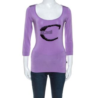 Roberto Cavalli Lilac Jersey Embellished Logo Scoop Neck Top