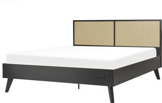 Beliani Cama Con Somier Negro Madera Clara 160 X 200 Cm Cabecero Monpazier