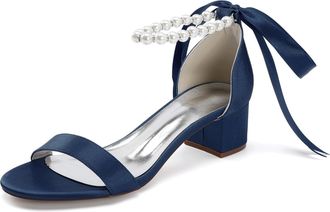 Generic Wedding Pearls Block Heels Sandals Open Toe Ankle Strap Bridal Evening Party Summer Satin Low Heel Shoes 4.5Cm,Dark Blue,10 UK