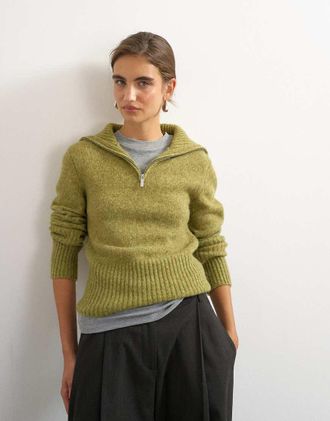 Topshop maglione lavorato a maglia con mezza zip e collo alto in lana verde