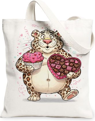Generic ValentineS Day Cute Animal Canvas Tote Bags, Adorable Leopard Print Reusable Grocery Bags, Lightweight Washable Shoulder S, White, 13x15 Inch
