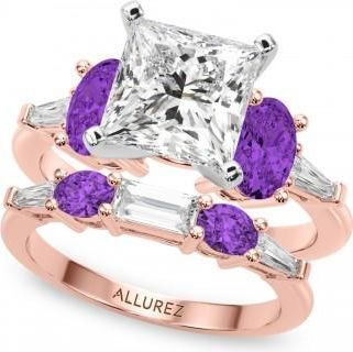 Allurez Princess Cut Lab Grown Diamond & Oval Amethyst Bridal Set 18K Rose Gold (4.65ct)